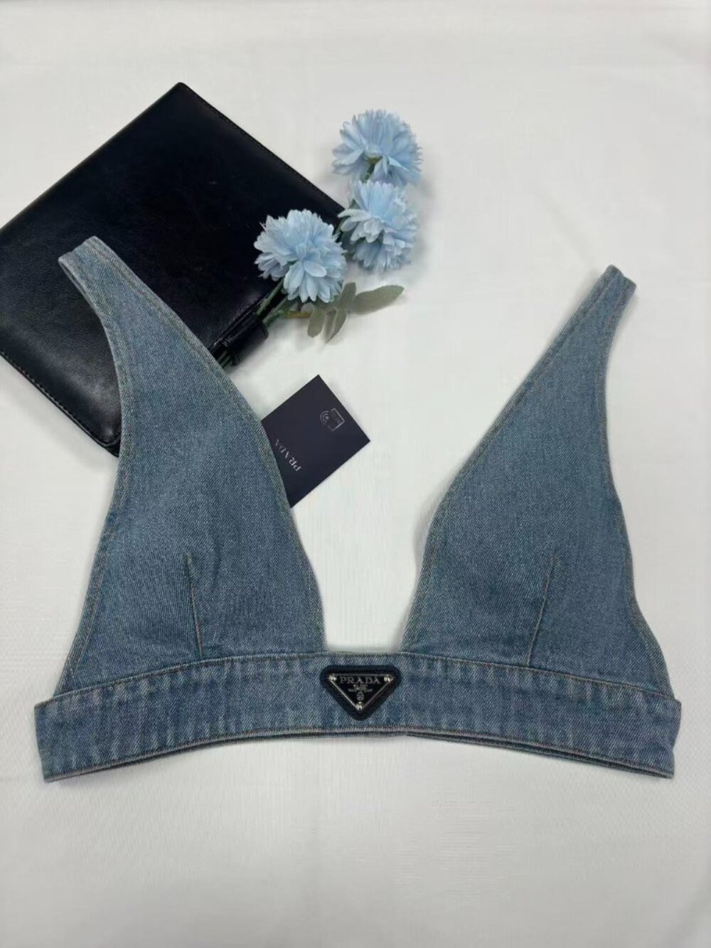 🎀 Prada Brand New Blue Denim Triangle-Logo Bra😍